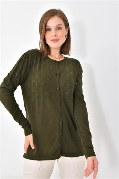 FTZ Women Kadın İnci Detaylı Hırka  Haki 20048