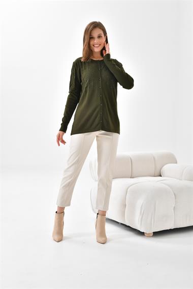 FTZ Women Kadın İnci Detaylı Hırka  Haki 20048