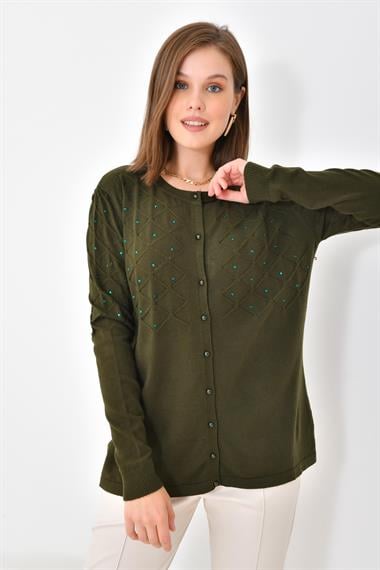 FTZ Women Kadın İnci Detaylı Hırka  Haki 20048