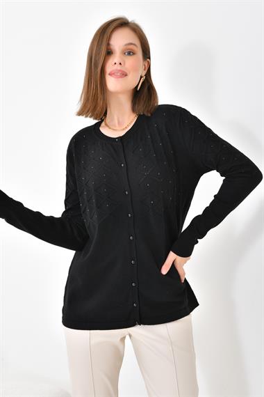 FTZ Women Kadın İnci Detaylı Hırka  Siyah 20048