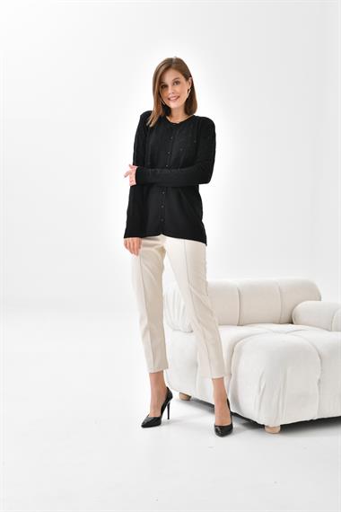 FTZ Women Kadın İnci Detaylı Hırka  Siyah 20048