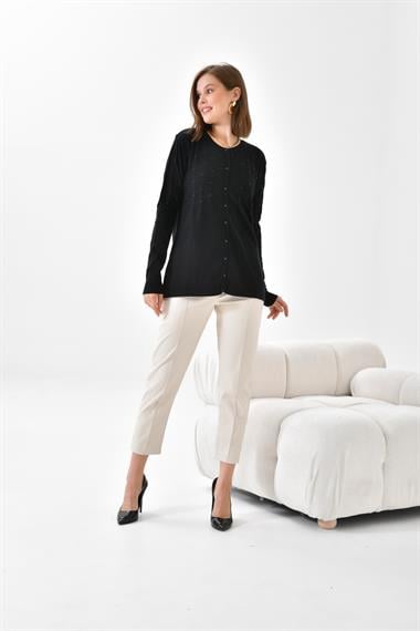 FTZ Women Kadın İnci Detaylı Hırka  Siyah 20048