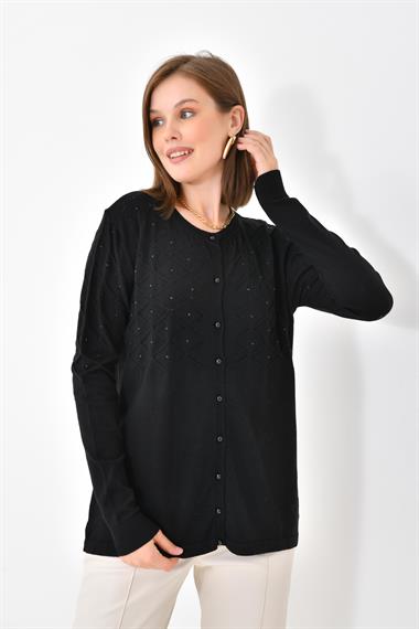 FTZ Women Kadın İnci Detaylı Hırka  Siyah 20048
