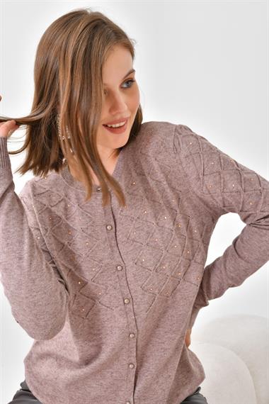 FTZ Women Kadın İnci Detaylı Hırka  Vizon 20048