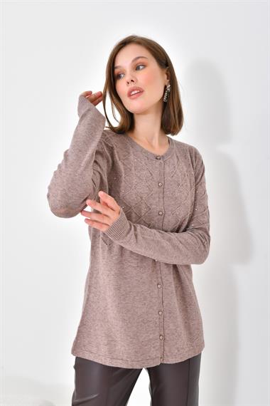 FTZ Women Kadın İnci Detaylı Hırka  Vizon 20048