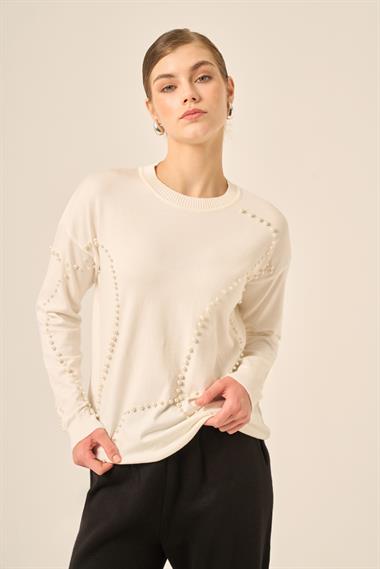 FTZ Women Kadın İnci Detaylı Kazak  Ekru 25103