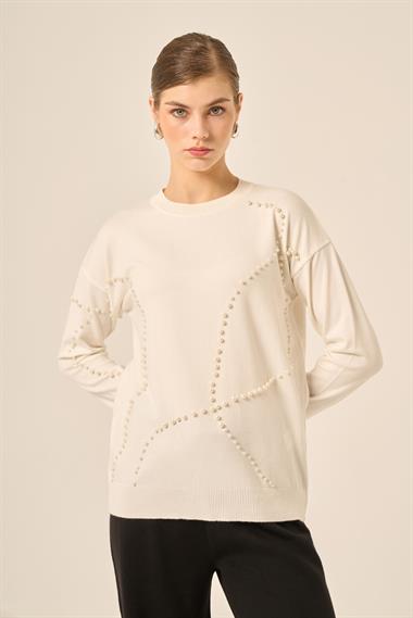 FTZ Women Kadın İnci Detaylı Kazak  Ekru 25103