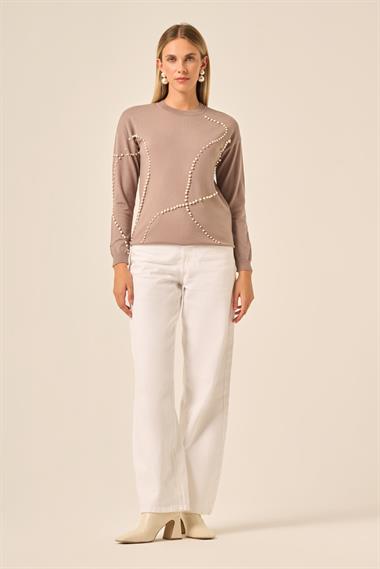 FTZ Women Kadın İnci Detaylı Kazak  Kahve 25103