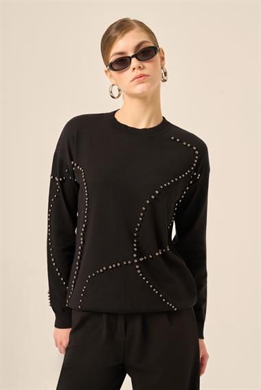 FTZ Women Kadın İnci Detaylı Kazak  Siyah 25103