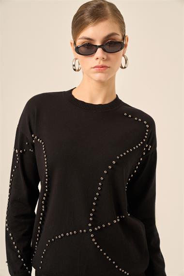 FTZ Women Kadın İnci Detaylı Kazak  Siyah 25103