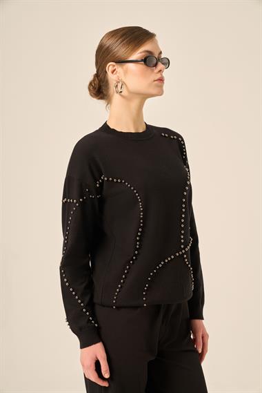 FTZ Women Kadın İnci Detaylı Kazak  Siyah 25103
