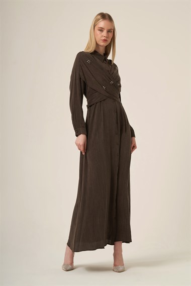 FTZ Women Kadın İpek Kupra Taşli Elbise  Kahve 31345