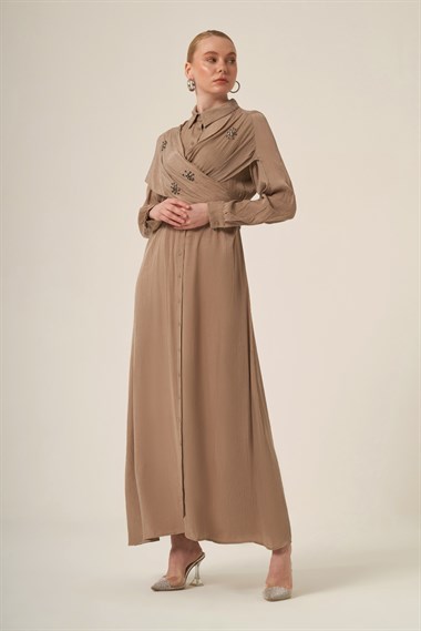 FTZ Women Kadın İpek Kupra Taşli Elbise  Beige 31345