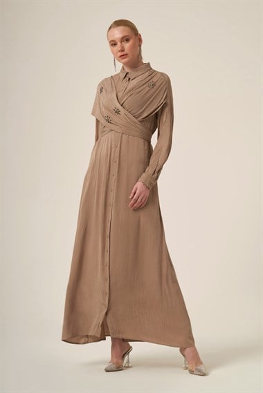 FTZ Women Kadın İpek Kupra Taşli Elbise  Beige 31345