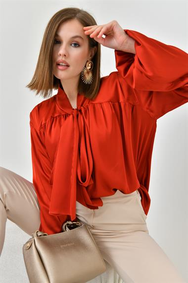 FTZ Women Kadın İpek Saten Gömlek  Kiremit 30810