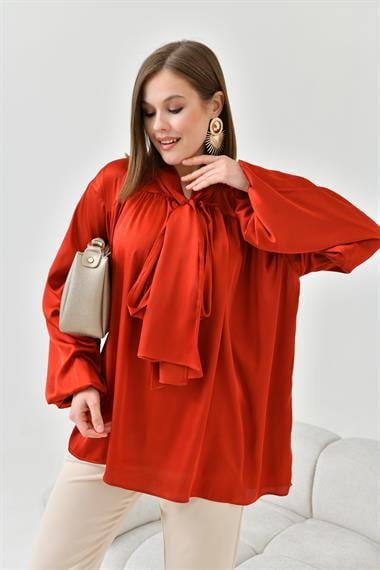 FTZ Women Kadın İpek Saten Gömlek  Kiremit 30810