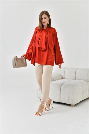 FTZ Women Kadın İpek Saten Gömlek  Kiremit 30810