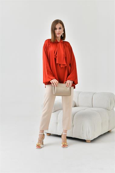 FTZ Women Kadın İpek Saten Gömlek  Kiremit 30810