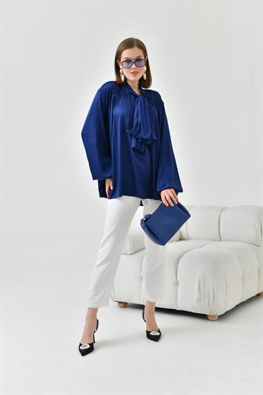 FTZ Women Kadın İpek Saten Gömlek  Lacivert 30810