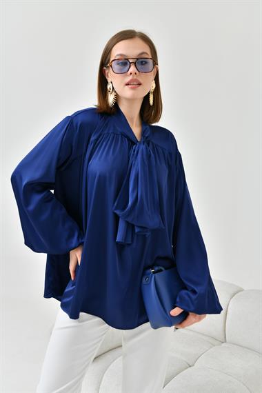 FTZ Women Kadın İpek Saten Gömlek  Lacivert 30810