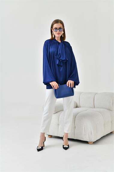 FTZ Women Kadın İpek Saten Gömlek  Lacivert 30810