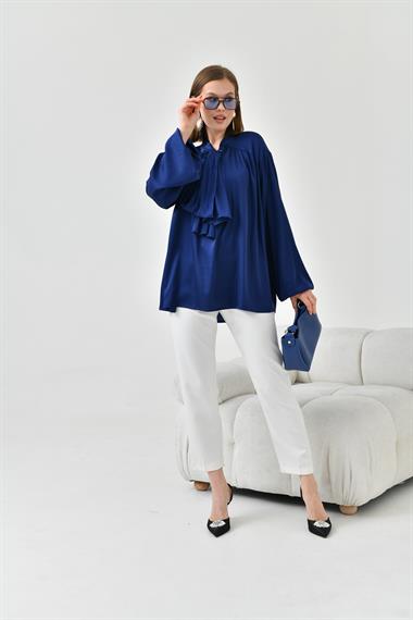 FTZ Women Kadın İpek Saten Gömlek  Lacivert 30810
