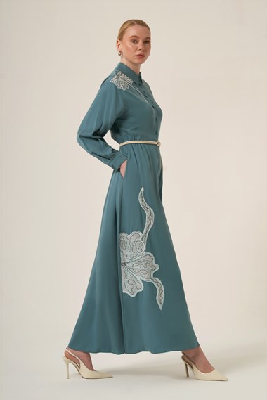 FTZ Women Kadın İşlemeli Detay Selin Elbise  Petrol 31327