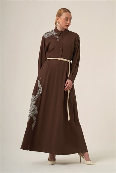 FTZ Women Kadın İşlemeli Detay Selin Elbise  Kahve 31327
