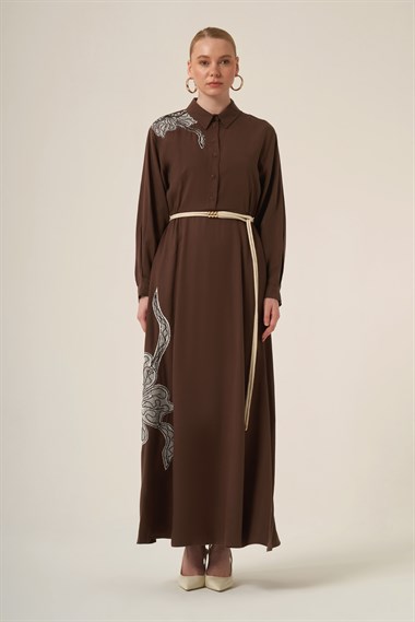 FTZ Women Kadın İşlemeli Detay Selin Elbise  Kahve 31327
