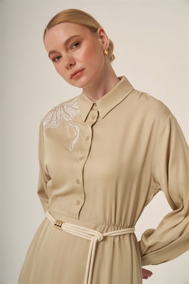 FTZ Women Kadın İşlemeli Detay Selin Elbise  Beige 31327