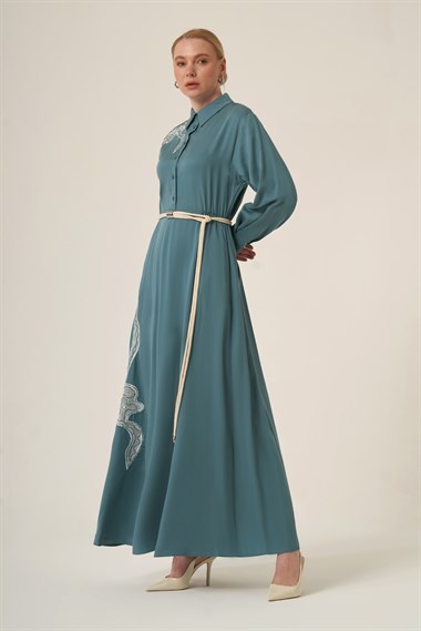 FTZ Women Kadın İşlemeli Detay Selin Elbise  Petrol 31327