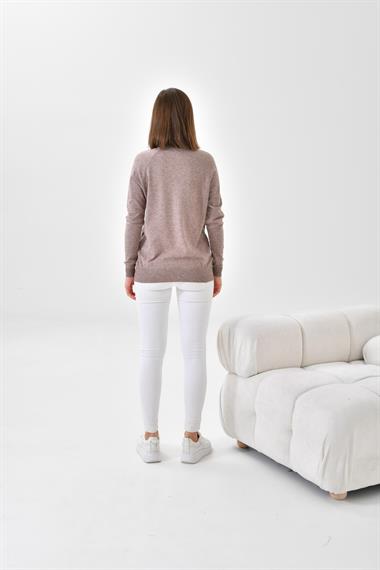 FTZ Women Kadın Kadife Detaylı Fermuarlı Hırka  Vizon 20485