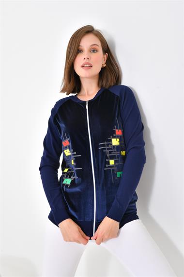 FTZ Women Kadın Kadife Detaylı Fermuarlı Hırka  Lacivert 20485