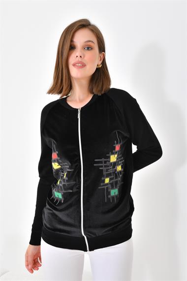 FTZ Women Kadın Kadife Detaylı Fermuarlı Hırka  Siyah 20485