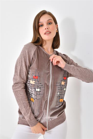 FTZ Women Kadın Kadife Detaylı Fermuarlı Hırka  Vizon 20485