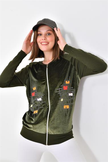 FTZ Women Kadın Kadife Detaylı Fermuarlı Hırka  Haki 20485