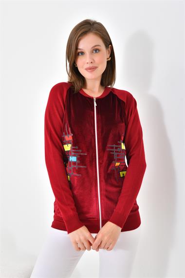 FTZ Women Kadın Kadife Detaylı Fermuarlı Hırka  Bordo 20485