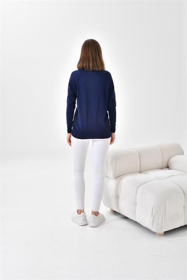 FTZ Women Kadın Kadife Detaylı Fermuarlı Hırka  Lacivert 20485