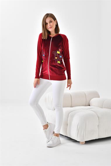 FTZ Women Kadın Kadife Detaylı Fermuarlı Hırka  Bordo 20485