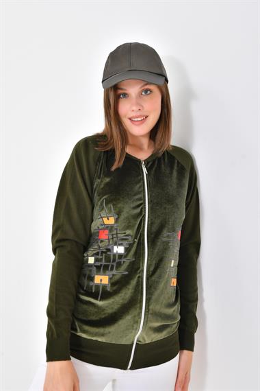 FTZ Women Kadın Kadife Detaylı Fermuarlı Hırka  Haki 20485