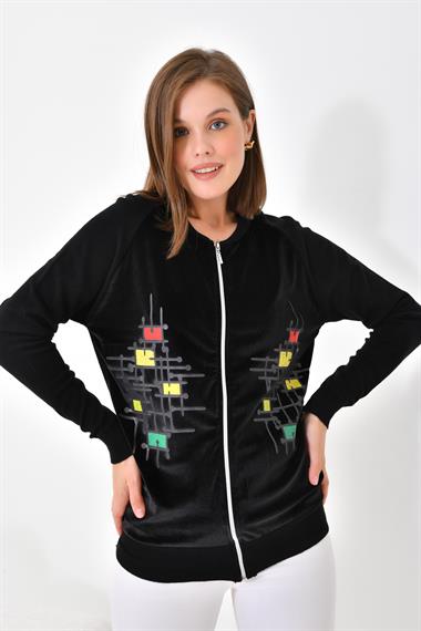 FTZ Women Kadın Kadife Detaylı Fermuarlı Hırka  Siyah 20485