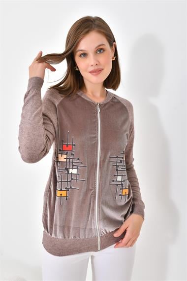 FTZ Women Kadın Kadife Detaylı Fermuarlı Hırka  Vizon 20485