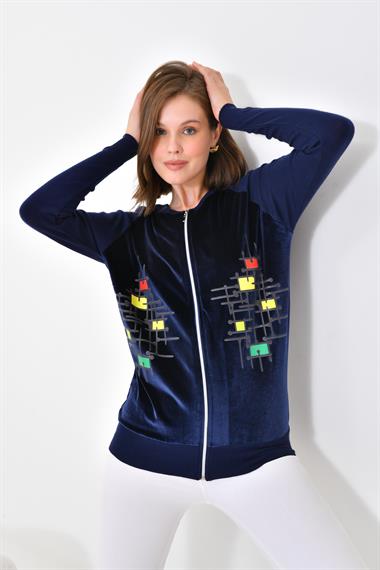 FTZ Women Kadın Kadife Detaylı Fermuarlı Hırka  Lacivert 20485