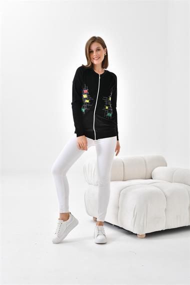 FTZ Women Kadın Kadife Detaylı Fermuarlı Hırka  Siyah 20485