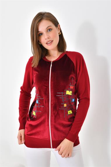 FTZ Women Kadın Kadife Detaylı Fermuarlı Hırka  Bordo 20485