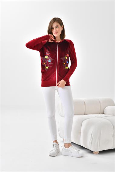 FTZ Women Kadın Kadife Detaylı Fermuarlı Hırka  Bordo 20485