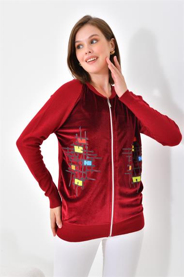 FTZ Women Kadın Kadife Detaylı Fermuarlı Hırka  Bordo 20485