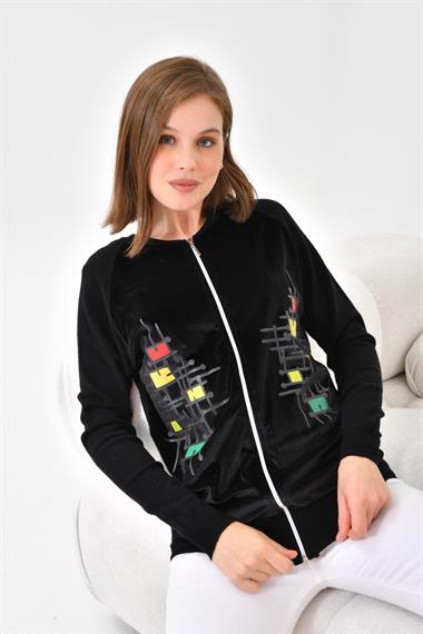 FTZ Women Kadın Kadife Detaylı Fermuarlı Hırka  Siyah 20485