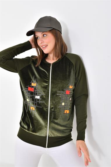 FTZ Women Kadın Kadife Detaylı Fermuarlı Hırka  Haki 20485