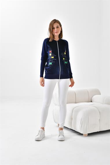 FTZ Women Kadın Kadife Detaylı Fermuarlı Hırka  Lacivert 20485